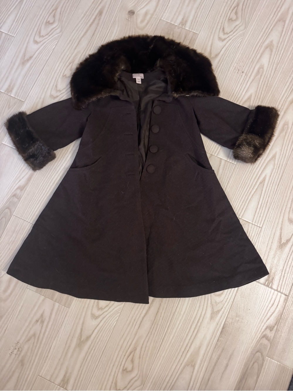 Brown Wool-Blend Peacoat with Fur Trim